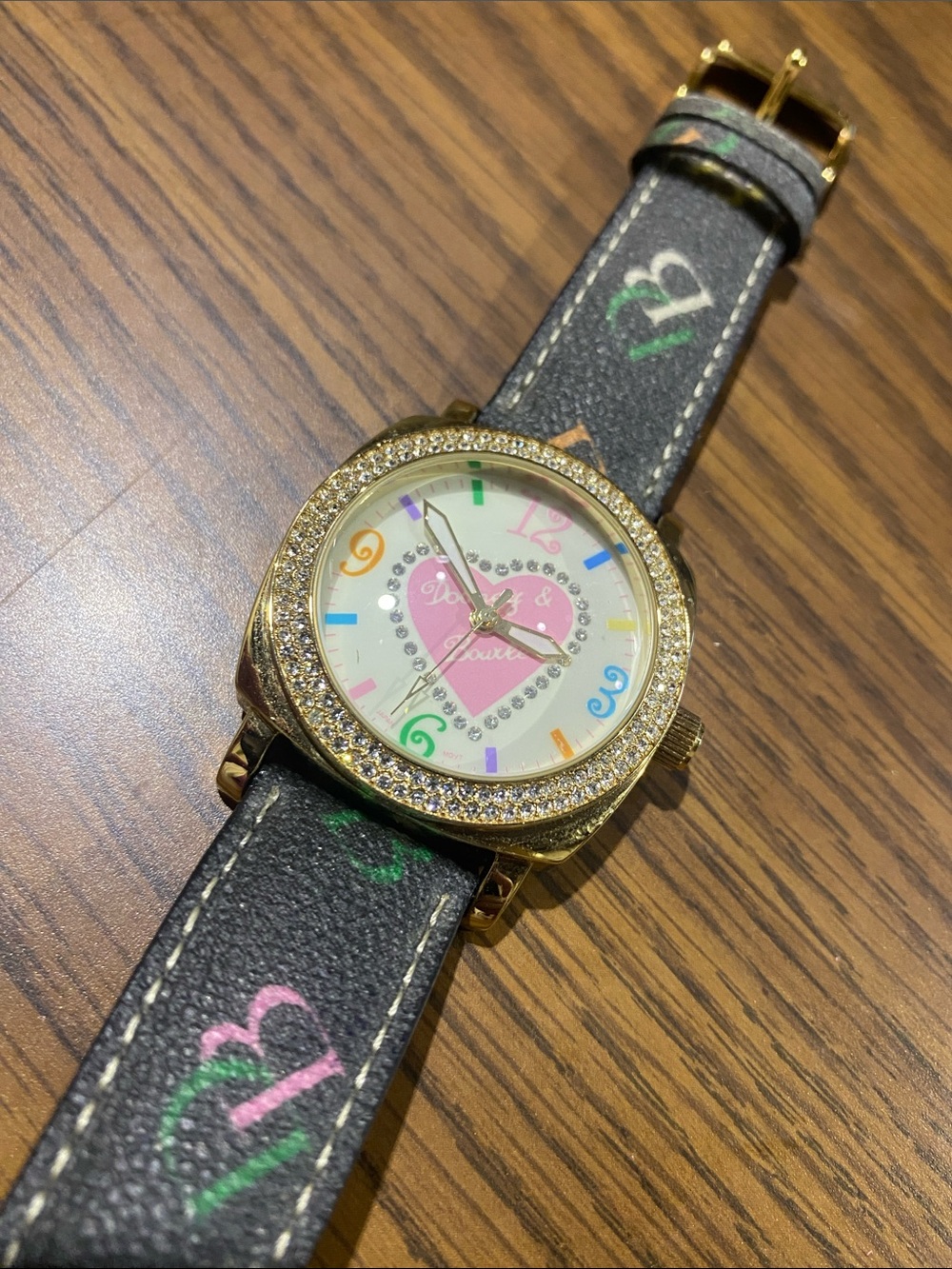 Vintage Dooney & Bourke Gold-Tone Watch with Pink Heart Dial and Brown strap